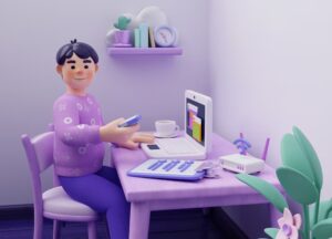 3D illustration of a person working from home on a laptop with smartphone and desk setup