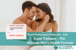 Happy couple smiling outdoors with Super Tadapox ad text and 24houronlinepharmacy logo in top left corner.