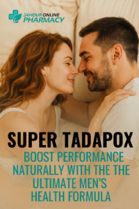 Happy couple embracing near a window, symbolizing satisfaction and confidence after using Super P Force Pills, with 24Hour Online Pharmacy logo in the corner.